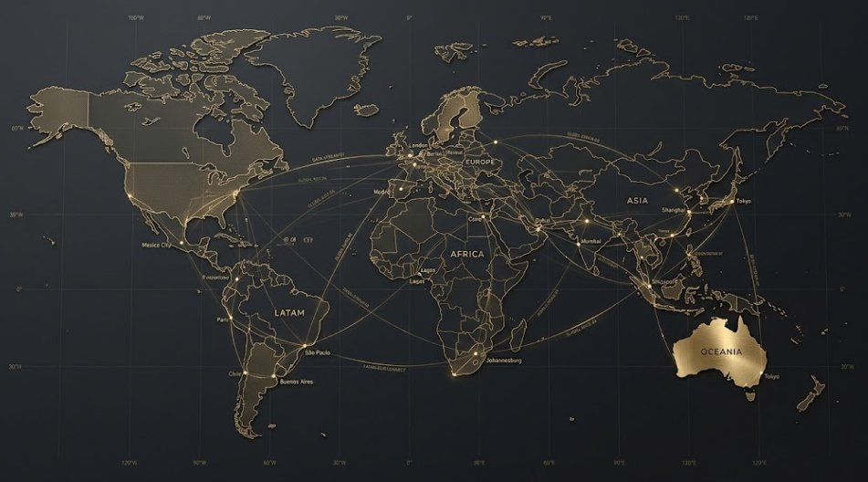 Mapa-múndi com rotas e pontos de atuação dourados